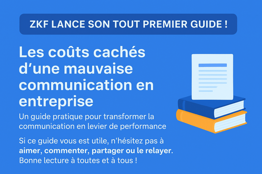 Visuel annonçant un guide ZKF avec deux livres illustrés et un bandeau indiquant “ZKF lance son tout premier guide”, lié aux coûts cachés d’une mauvaise communication en entreprise.