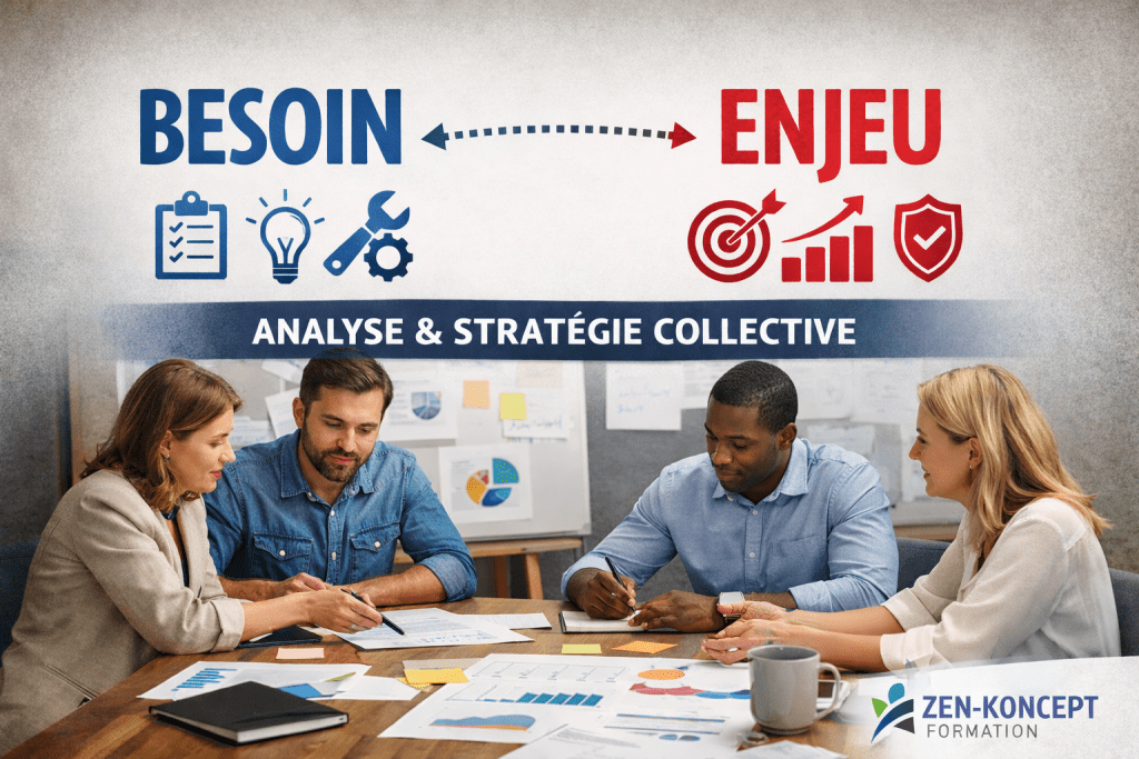 Analyse collective illustrant la différence entre besoin et enjeu en formation au sein d’une équipe, avec ZEN‑KONCEPT Formation.