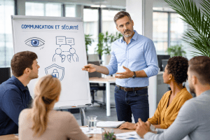 Formation en entreprise sur la communication et la sécurité avec un formateur face à une équipe