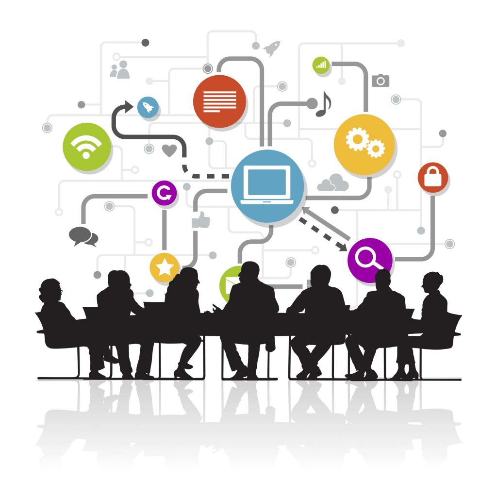 Illustration des erreurs de communication en entreprise en 2026 avec une équipe en réunion et des icônes de communication digitale.