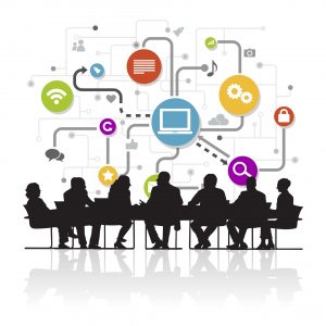 Illustration des erreurs de communication en entreprise en 2026 avec une équipe en réunion et des icônes de communication digitale.