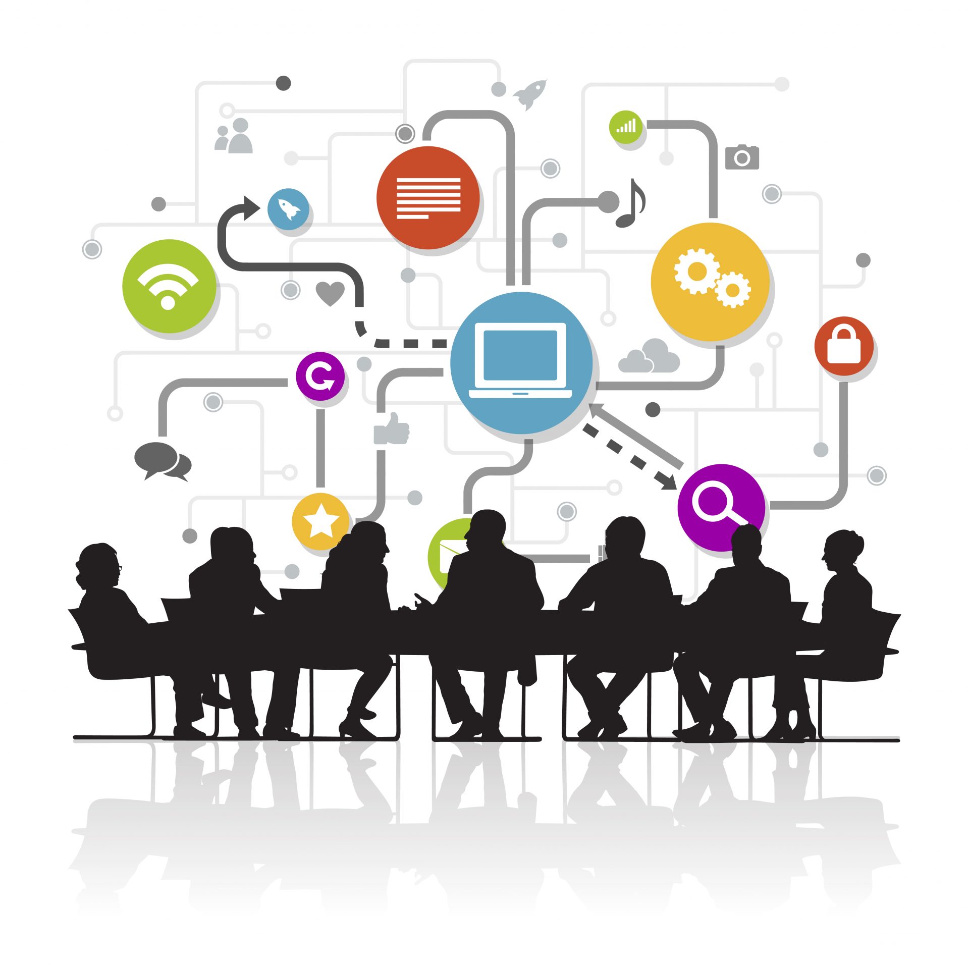 Illustration des erreurs de communication en entreprise en 2026 avec une équipe en réunion et des icônes de communication digitale.