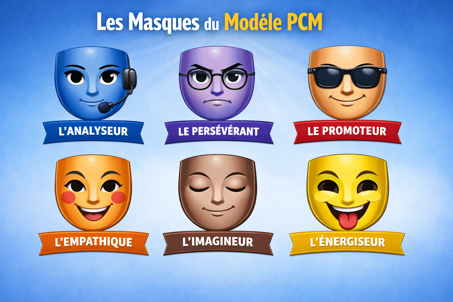 Masques et communication PCM : illustration des six masques du Process Communication Model représentant les profils Analyseur, Persévérant, Promoteur, Empathique, Imagineur et Énergiseur. 