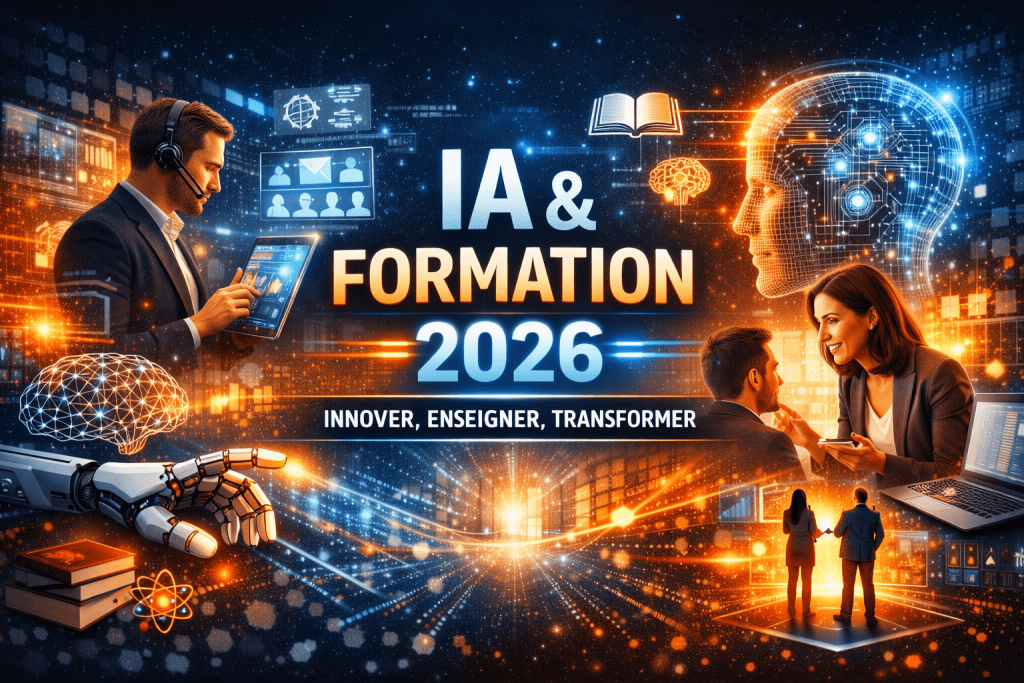 llustration futuriste de la formation et du coaching en 2026, montrant l’alliance entre intelligence artificielle et pédagogie humaine.