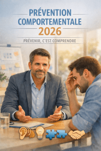 Deux hommes discutent dans un cadre professionnel, illustrant la prévention comportementale au travail : écoute, compréhension et collaboration.