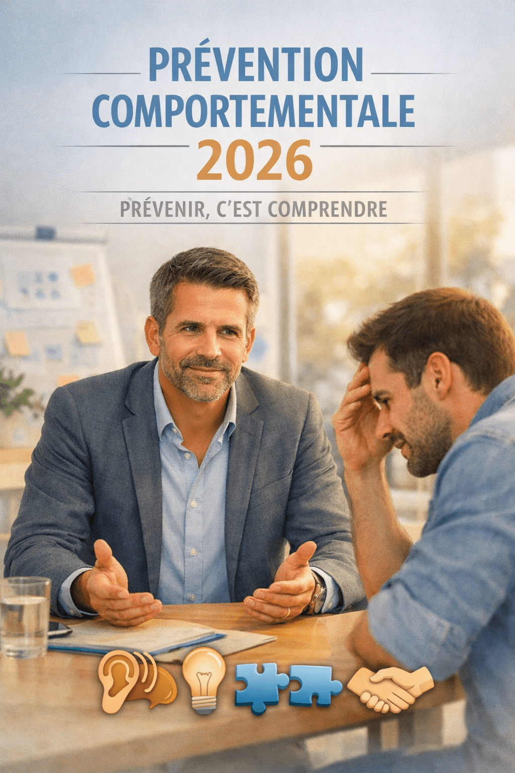 Deux hommes discutent dans un cadre professionnel, illustrant la prévention comportementale au travail : écoute, compréhension et collaboration.