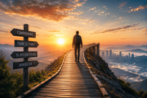 Personne marchant sur un chemin de montagne vers le lever du soleil, symbole d’un accompagnement transition professionnelle et de reconstruction personnelle.