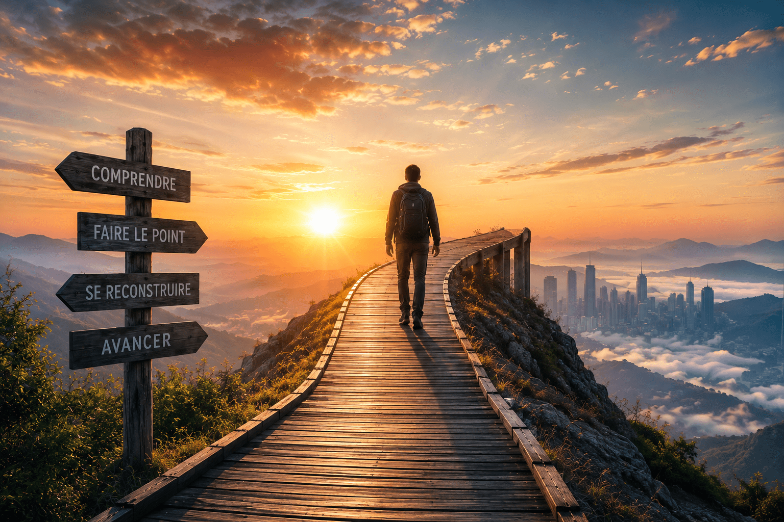 Personne marchant sur un chemin de montagne vers le lever du soleil, symbole d’un accompagnement transition professionnelle et de reconstruction personnelle.