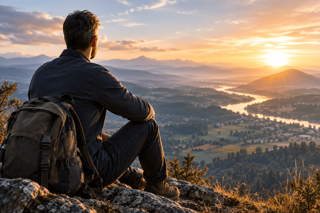 Homme assis en hauteur regardant l'horizon, symbole de réflexion sur son évolution professionnelle