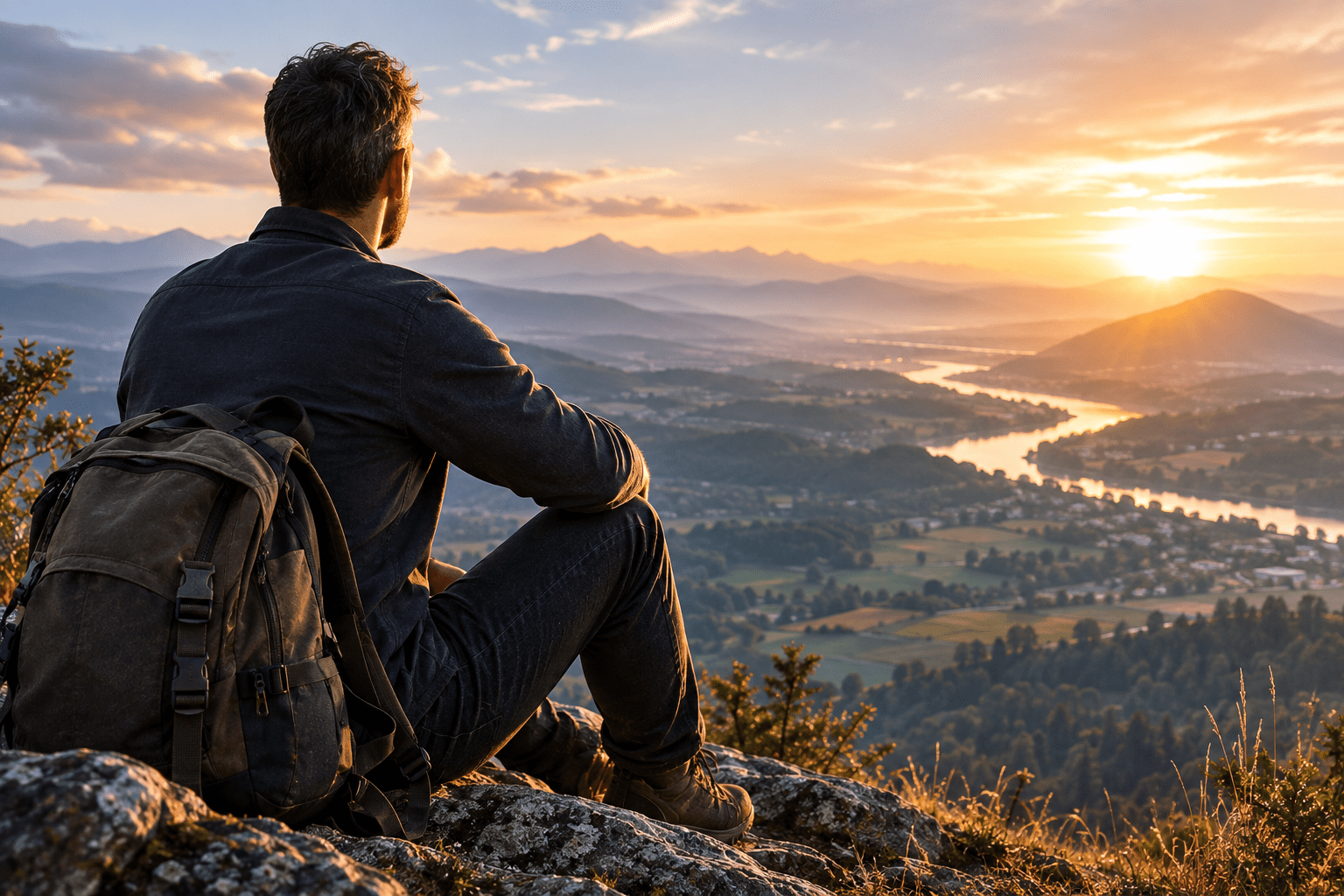 Homme assis en hauteur regardant l'horizon, symbole de réflexion sur son évolution professionnelle
